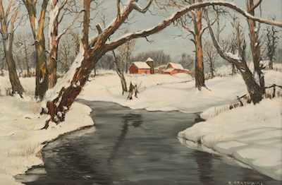 Appraisal: Ray Anthony Grathwol American - Snow covered barn Oil on