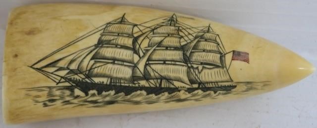 Appraisal: TH CENTURY SCRIMSHAW WHALE'S TOOTH DEPICTINGTHE CLIPPER SHIP LUCY S