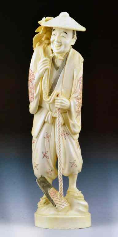 Appraisal: Japanese Meiji Carved Ivory OkimonoFinely carved to depict a farmer