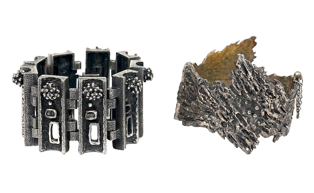 Appraisal: Guy Vidal 'Bark' 'Windows Urchins' Bracelets Guy Vidal 'Bark' hinged