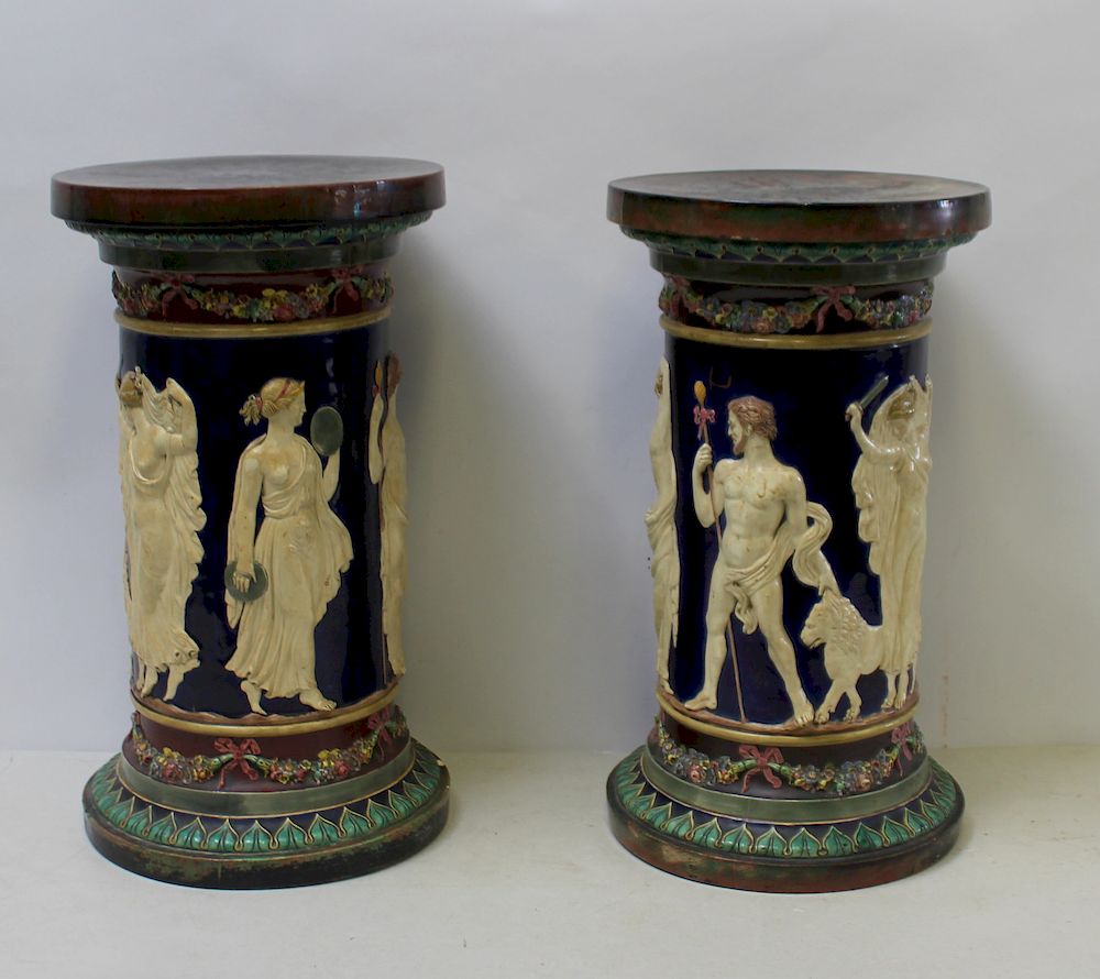 Appraisal: COPELAND Pair of Majolica Pedestals Signed on the bases and