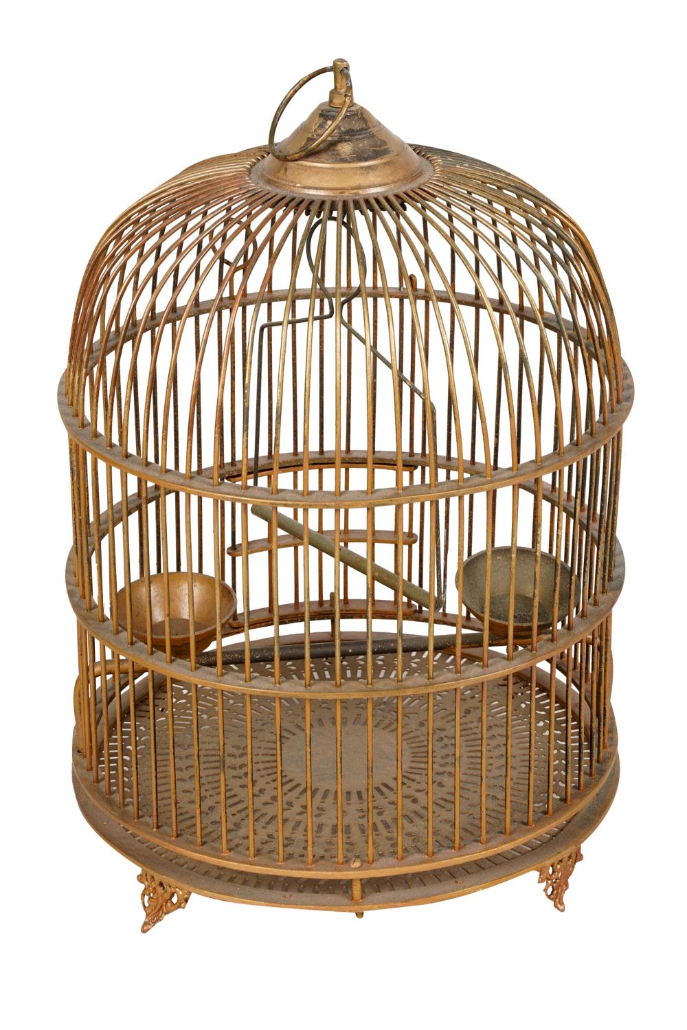 Appraisal: METAL BIRDCAGEwith two bowls and a swing Condition copper paint