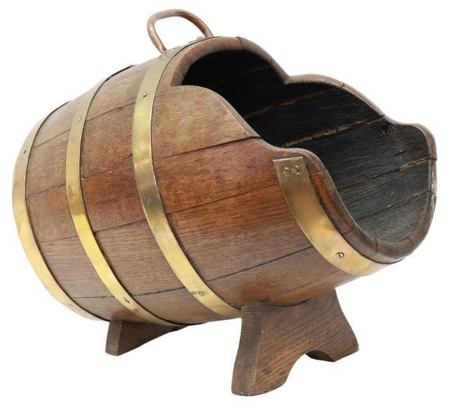 Appraisal: English oak stave barrel-form coal scuttle early th c with