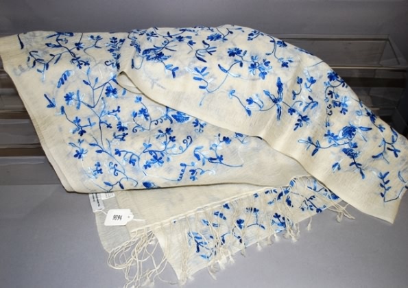 Appraisal: Metropolitan Museum of Art white wool cashmere scarf with blue