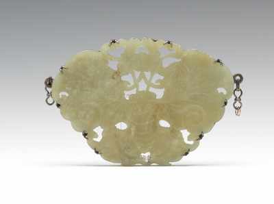 Appraisal: A Large Carved Celadon Jade Pendant Mounted in oxidized silver