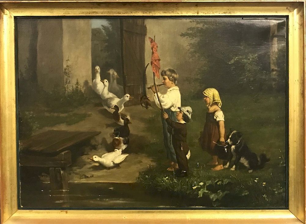 Appraisal: Signed Oil on Canvas of Children Ducks C K Arnold