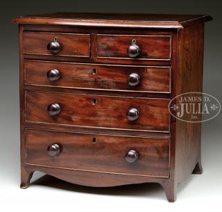 Appraisal: MINIATURE HEPPLEWHITE MAHOGANY BOWFRONT CHEST OF DRAWERS First half th