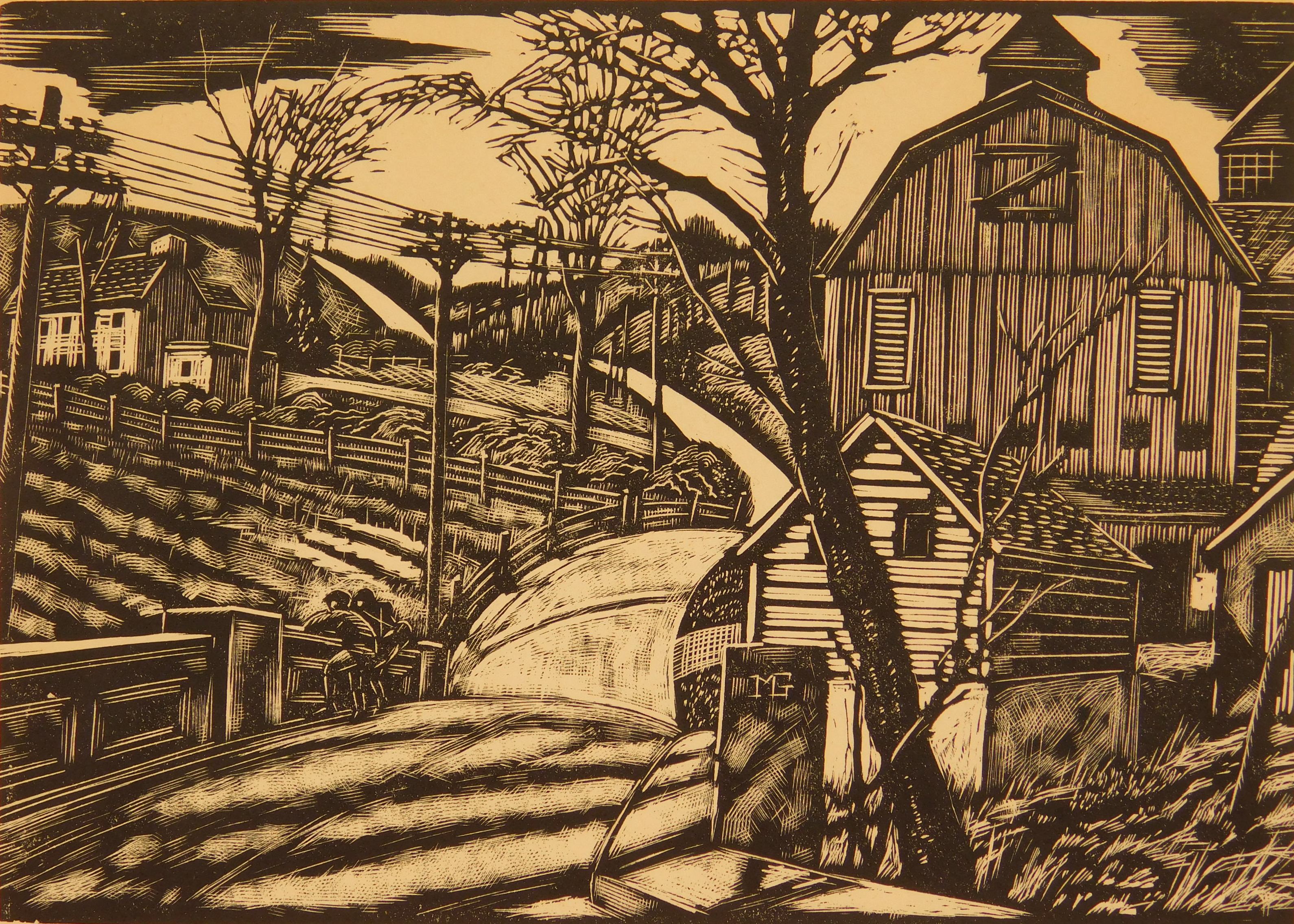 Appraisal: Michael J Gallagher - ''Red Barn''- wood engraving signed and