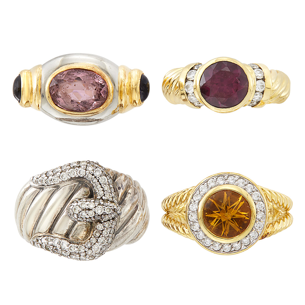 Appraisal: Two Gold Gem-Set and Diamond Rings and Sterling Silver and