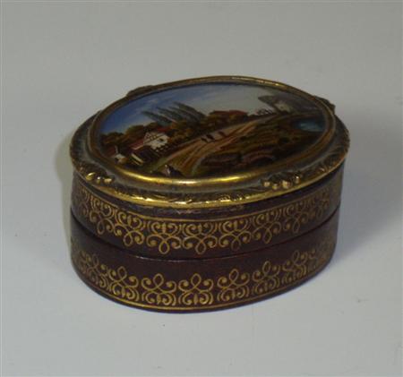 Appraisal: An early th century French leather and enamel patch box