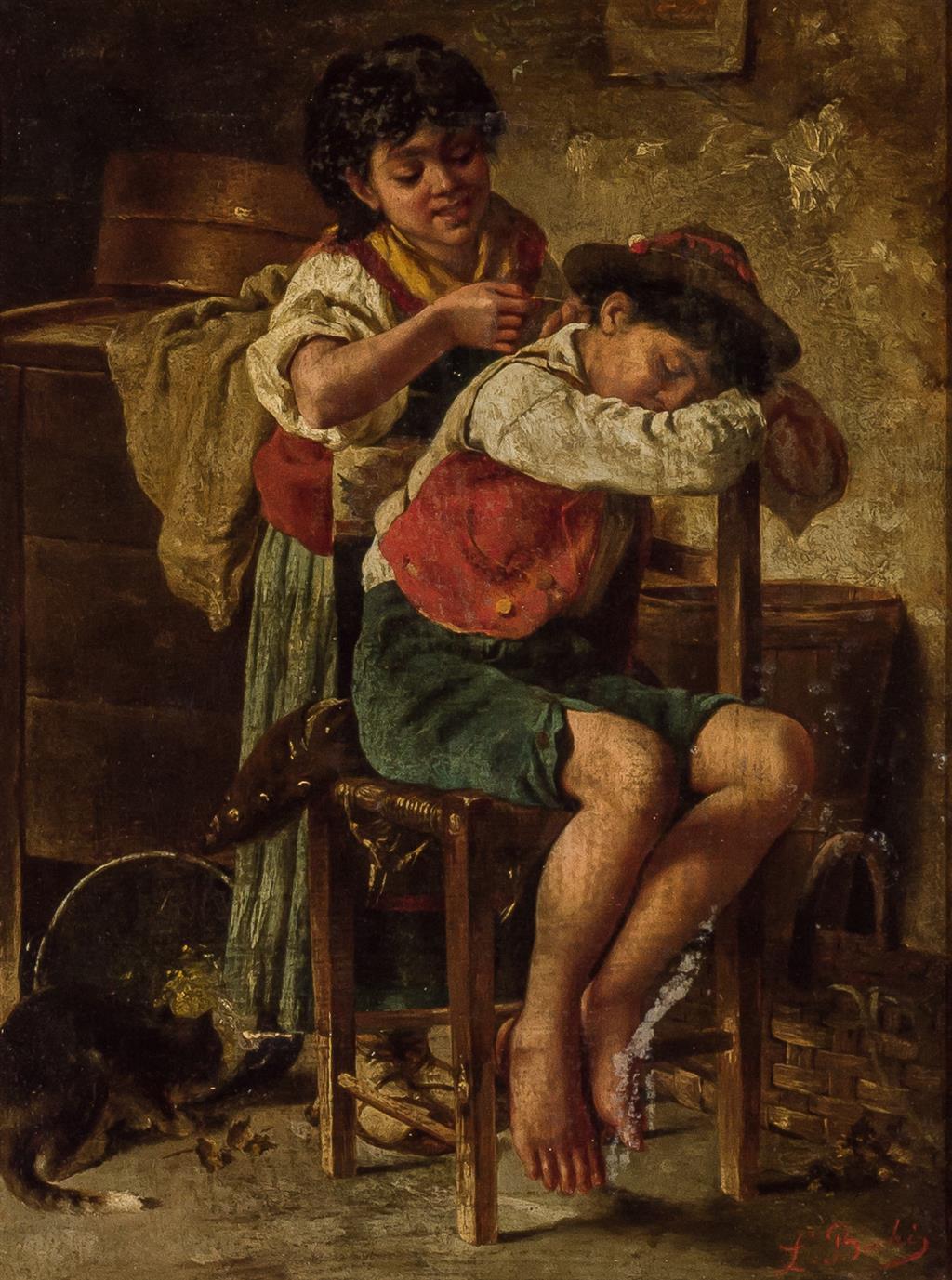 Appraisal: LUIGI BECHI Italian - Waking up Brother oil on canvas