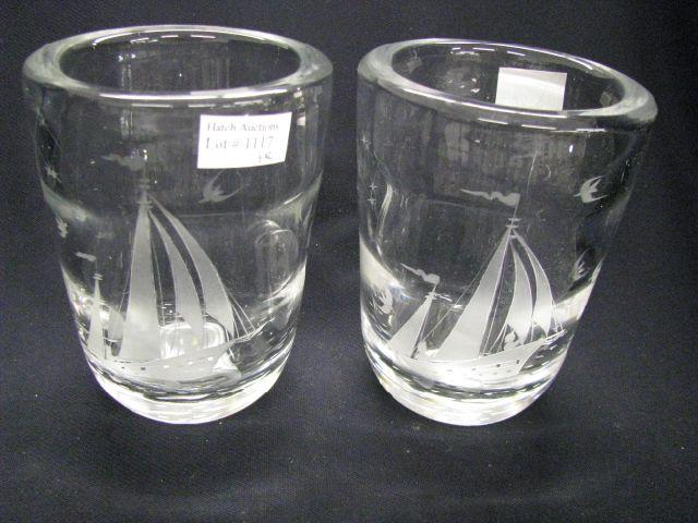 Appraisal: Pair of Etched Crystal Vases sailing ship decor