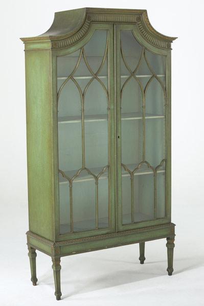 Appraisal: CHINESE CHIPPENDALE CHINA CABINET Green chinoiserie decoration top section on