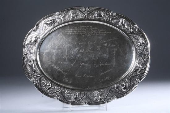 Appraisal: BURMESE STERLING PRESENTATION TRAY circa Border repouss with figures and