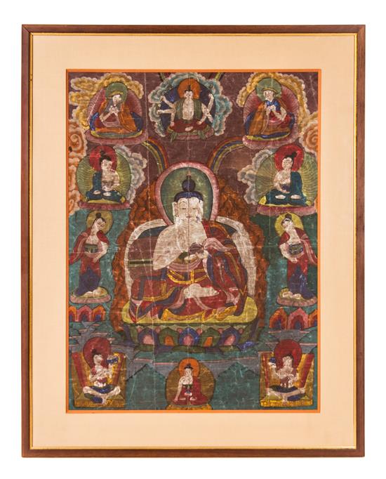 Appraisal: Sale Lot A Tibetan Thangka the central Buddha figure seated