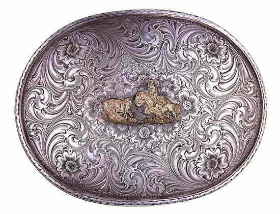 Appraisal: Gist silvered belt buckle plate engraved ovoid form mounted with