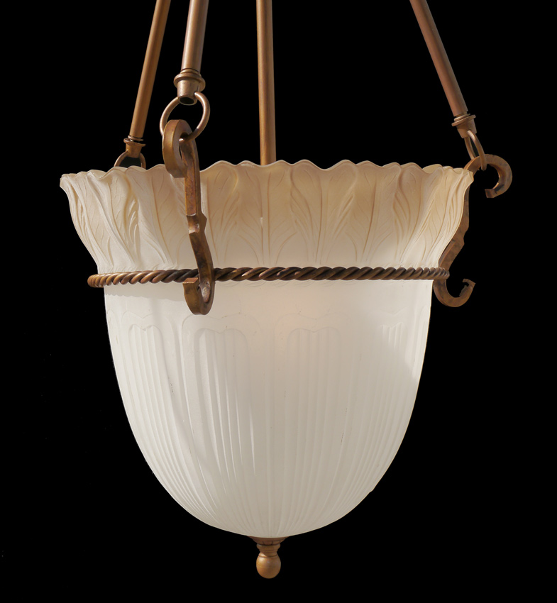 Appraisal: SINGLE LIGHT HANGING CEILING FIXTURE Frosted glass shade on bronzed