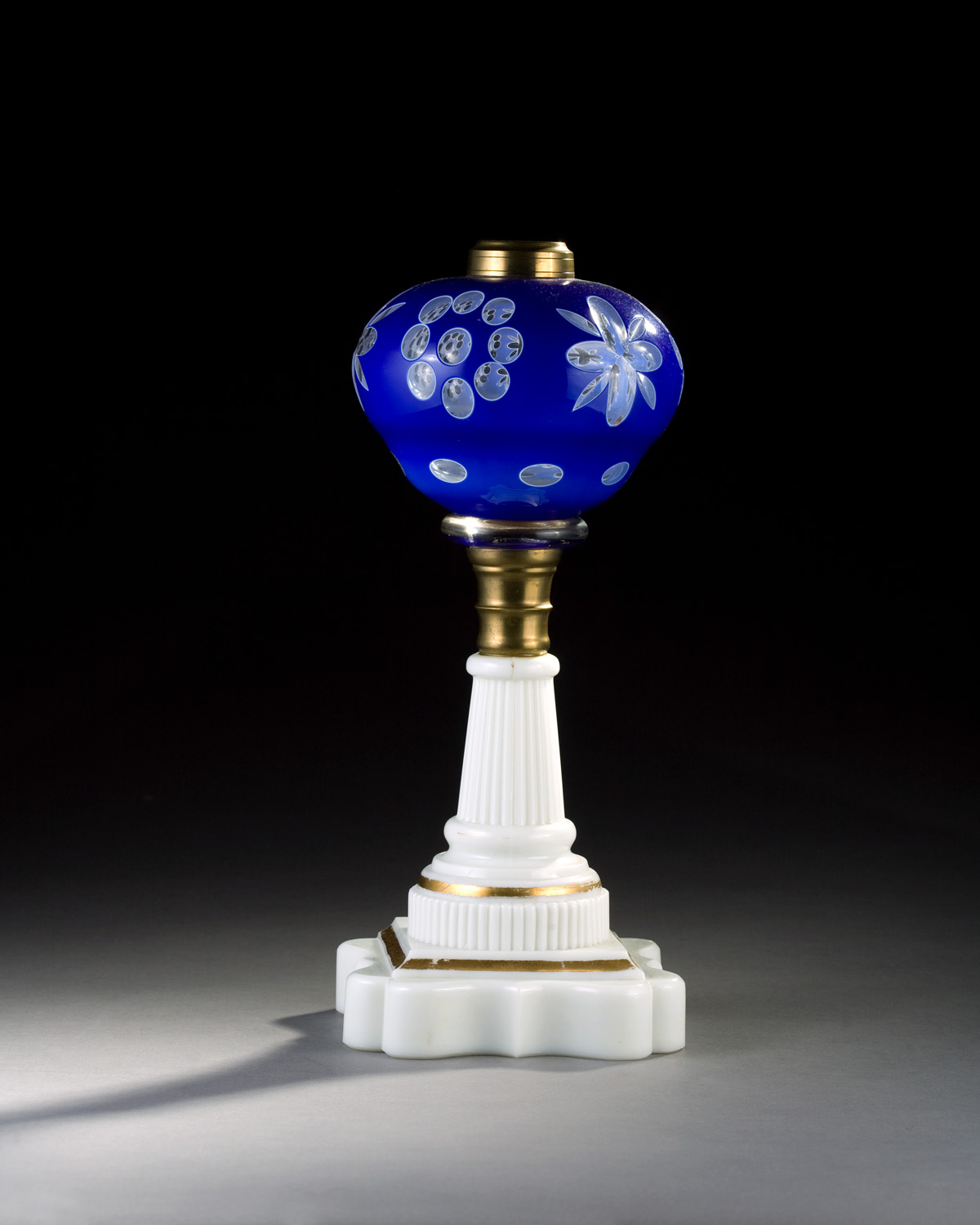 Appraisal: AMERICAN BLUE-CUT-TO-CLEAR DOUBLE OVERLAY 'STAR AND QUATREFOIL' LAMP NEW ENGLAND