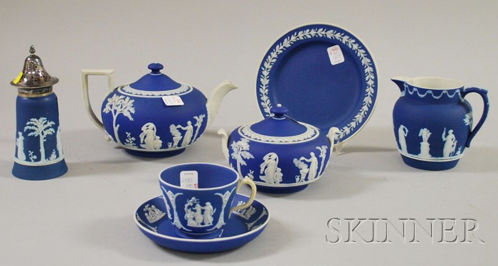 Appraisal: Seven Wedgwood Dark Blue Jasper Dip Items one teapot a