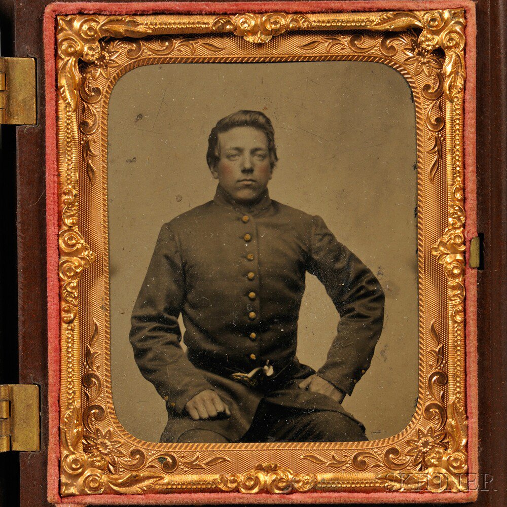 Appraisal: Sixth-plate Tintype Portrait of a Young Soldier with tinted cheeks