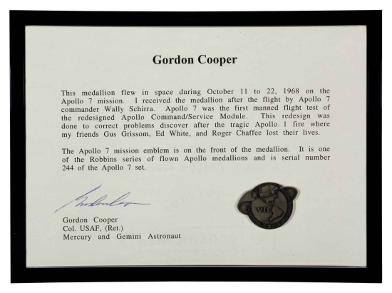 Appraisal: Gordon Cooper's FLOWN Apollo VII Robbins Medallion An approximately -inch