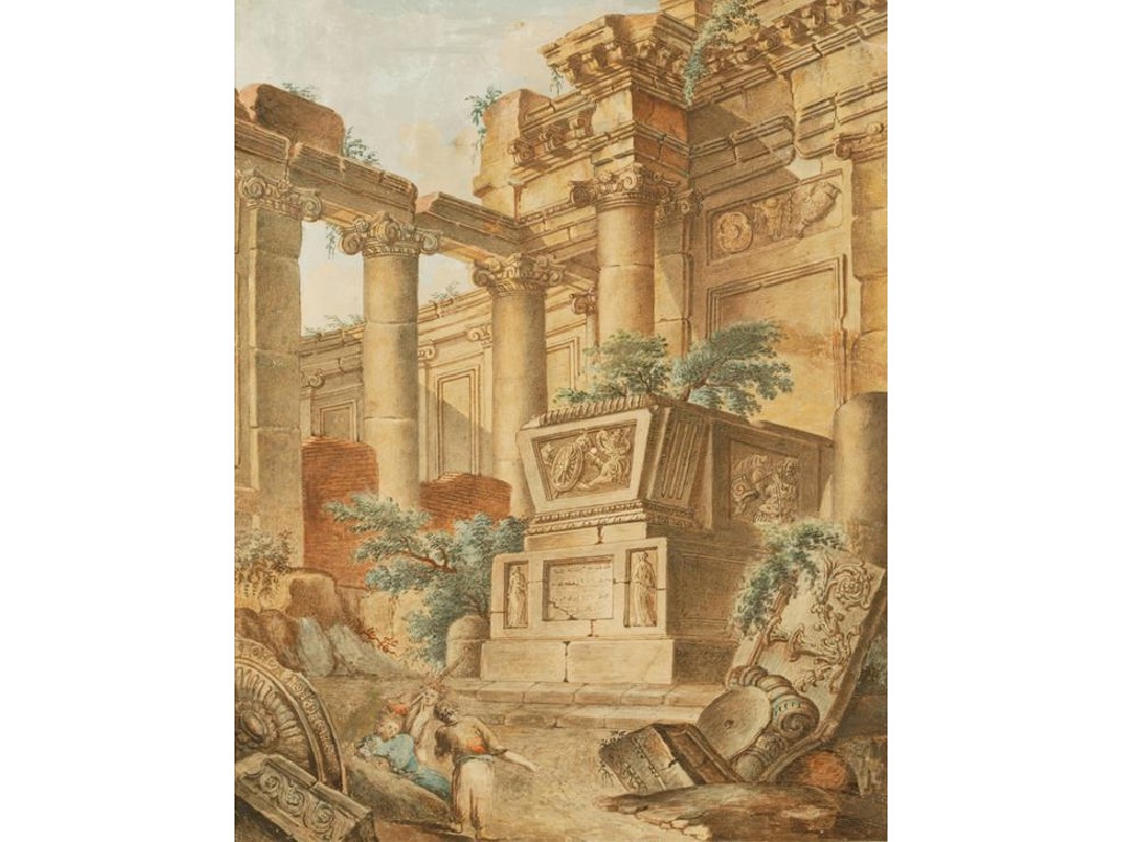 Appraisal: ENGLISH SCHOOL th century Figures standing amidst classical ruins watercolour