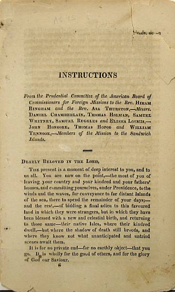 Appraisal: SANDWICH ISLANDS MISSION Instructions from the Prudential Committee of the