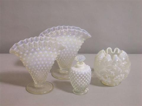 Appraisal: FOUR AMERICAN OPALESCENT GLASS PIECES Including a 'Spanish Lace' globular