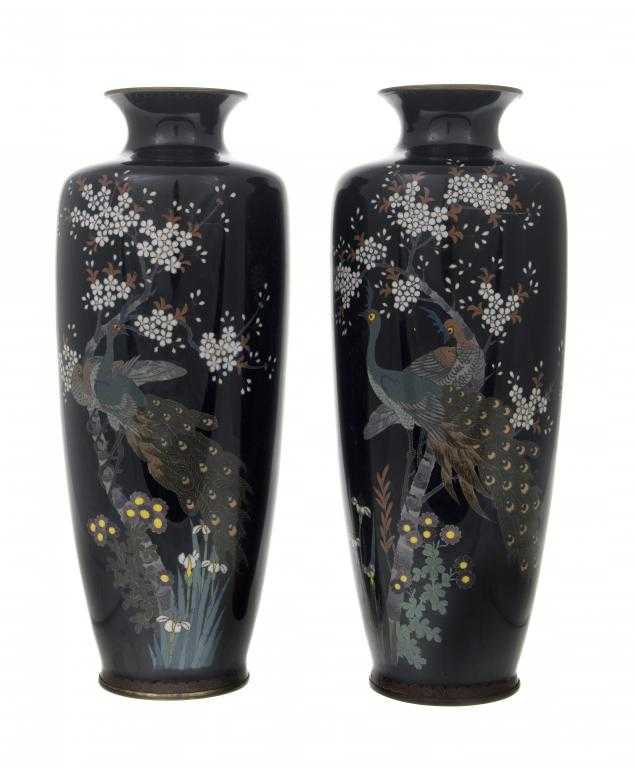 Appraisal: A PAIR OF JAPANESE CLOISONN ENAMEL VASES with peafowl perched