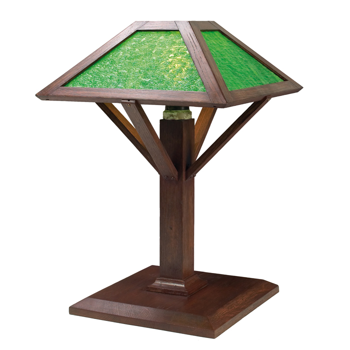 Appraisal: Arts Crafts lamp pyramidal shade with green slag glass on