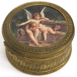 Appraisal: French Brass Porcelain Jewelry Box With porcelain plaque of putti