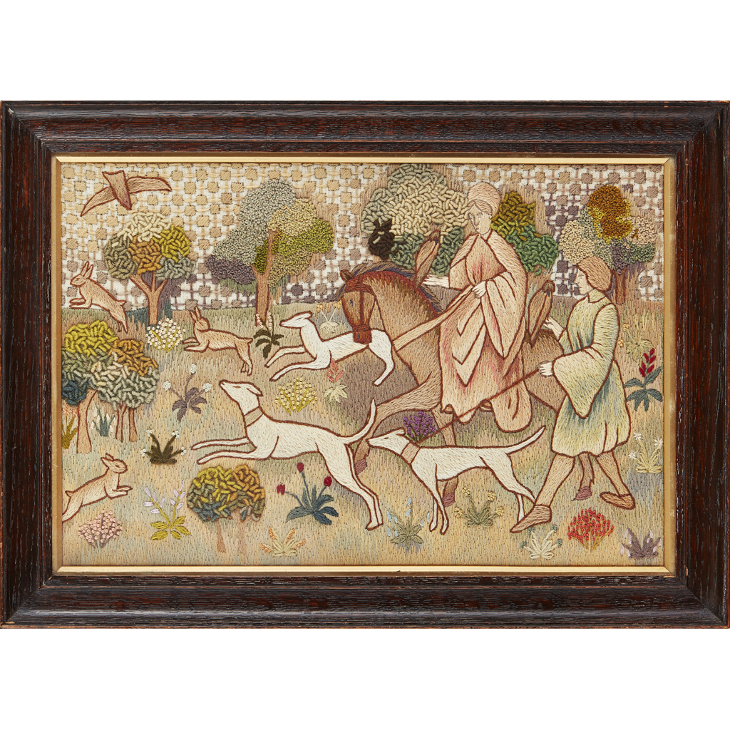 Appraisal: ENGLISH SCHOOL WOOLWORK PANEL CIRCA depicting a th century hunting