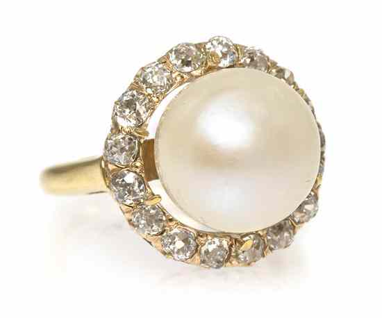 Appraisal: An Karat Yellow Gold Cultured Pearl and Diamond Ring containing