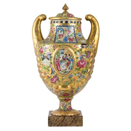 Appraisal: Chinese Export Gilt Decorated Famille Rose Porcelain Covered Urn Estimate