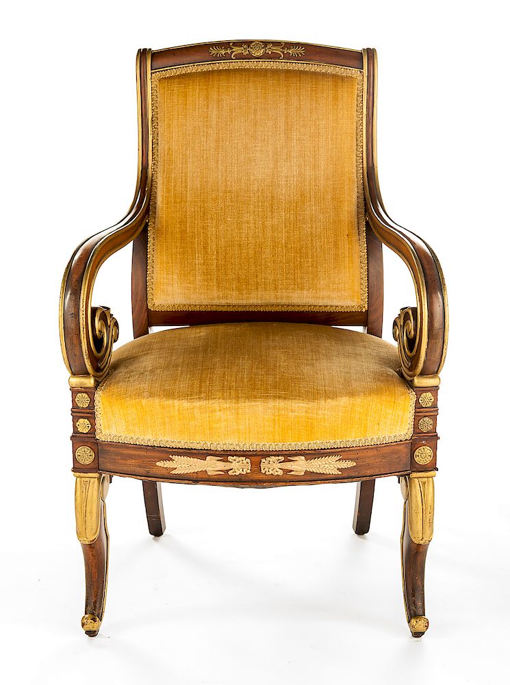 Appraisal: French Napoleonic Revival Arm Chair DESCRIPTION French Napoleonic Revival ormolu