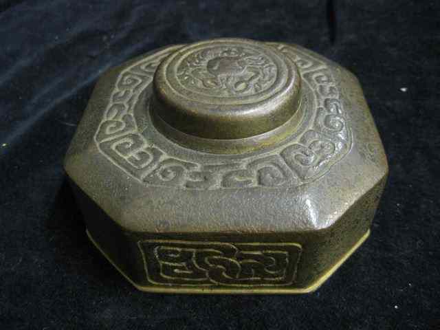 Appraisal: Tiffany Zodiac Bronze Inkwell dore finish '' square signed