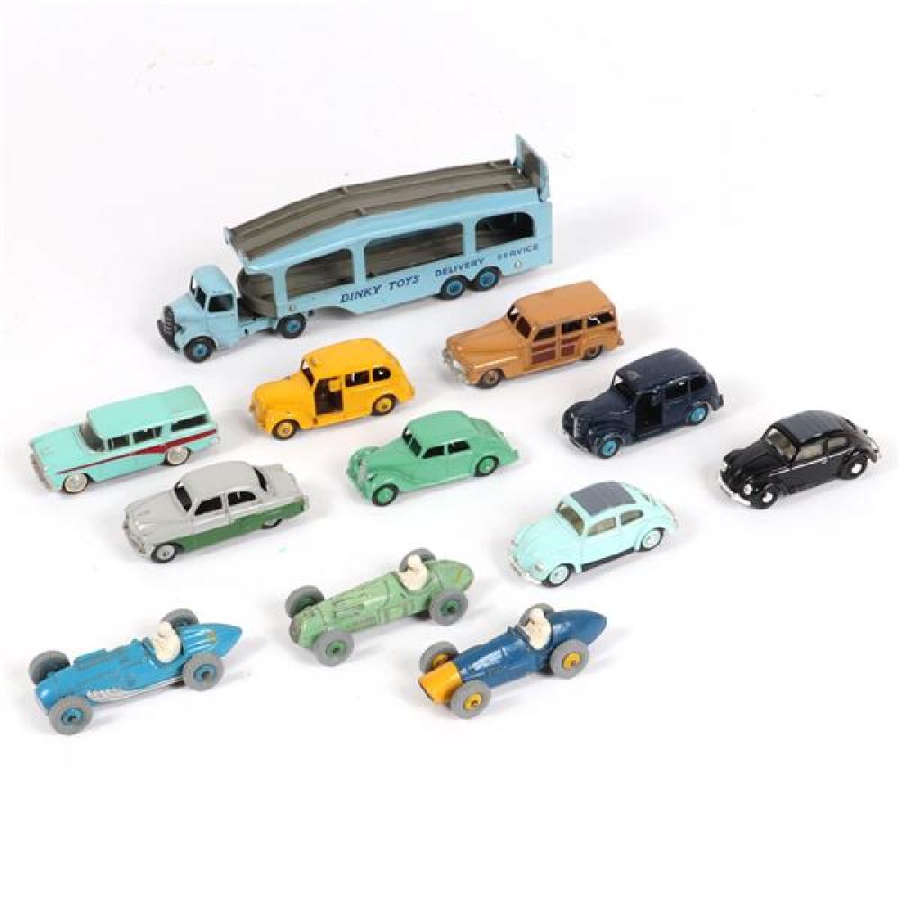 Appraisal: TWELVE DINKY TOYS AUTO TRANSFER DELIVERY SERVICE THREE RACE CARS