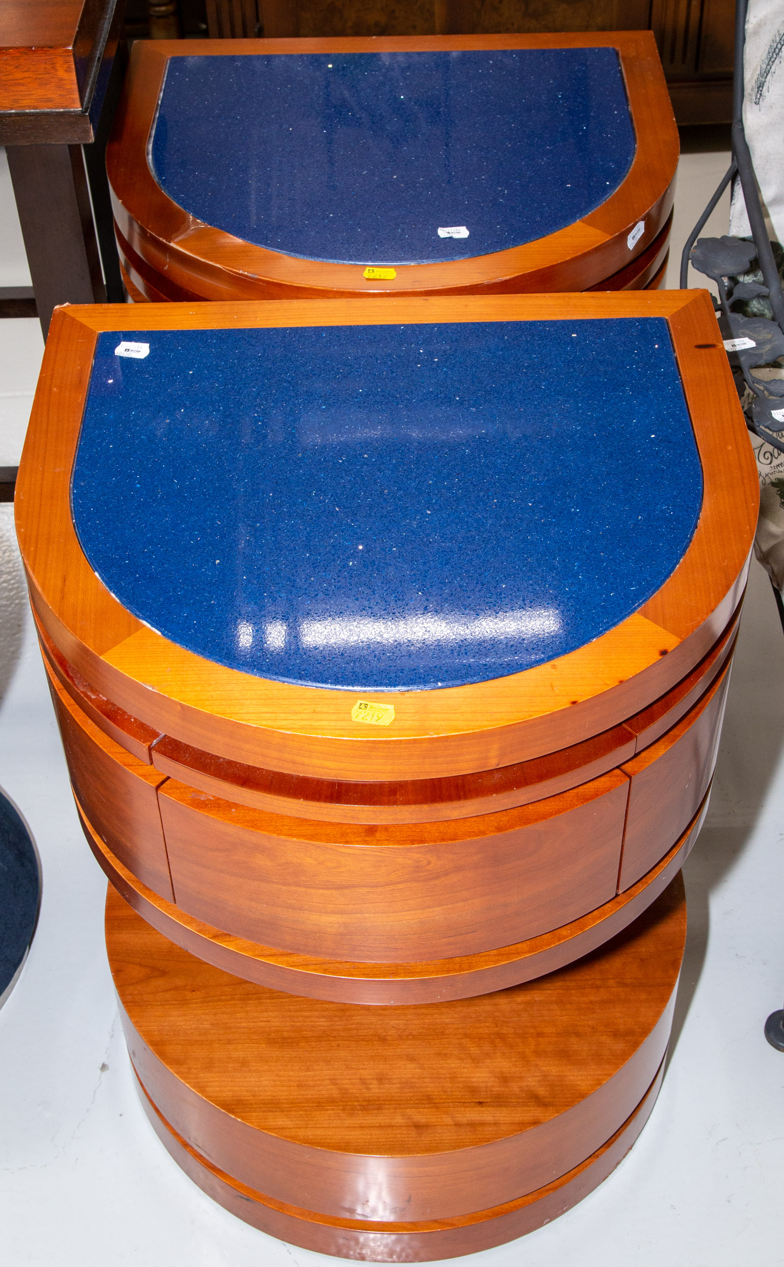 Appraisal: A PAIR OF MODERN NIGHT STANDS WITH BLUE GLASS TOPS