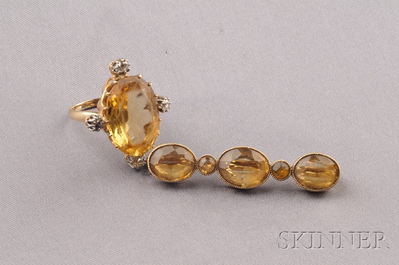 Appraisal: Two Antique kt Gold and Citrine Jewelry Items an oval-cut