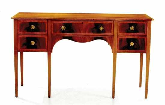 Appraisal: English inlaid mahogany serpentine sideboard late th century shaped top