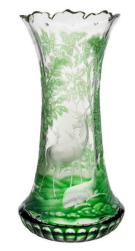 Appraisal: Bohemian Green Overlay Deer Vase late th century tall vase