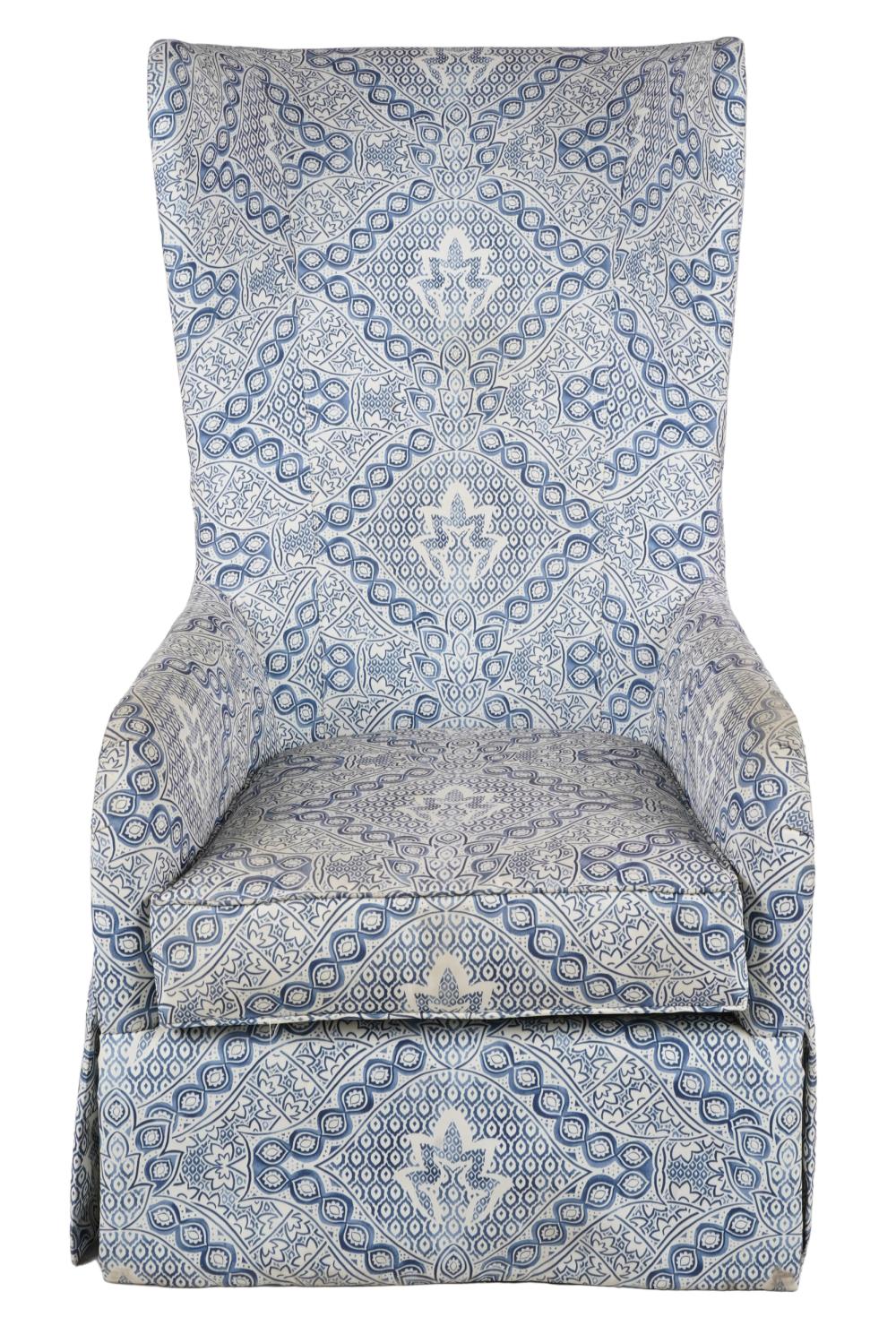 Appraisal: BLUE WHITE-UPHOLSTERED HIGH BACK ARMCHAIRmanufacturer's label Charter Furniture Condition soiling