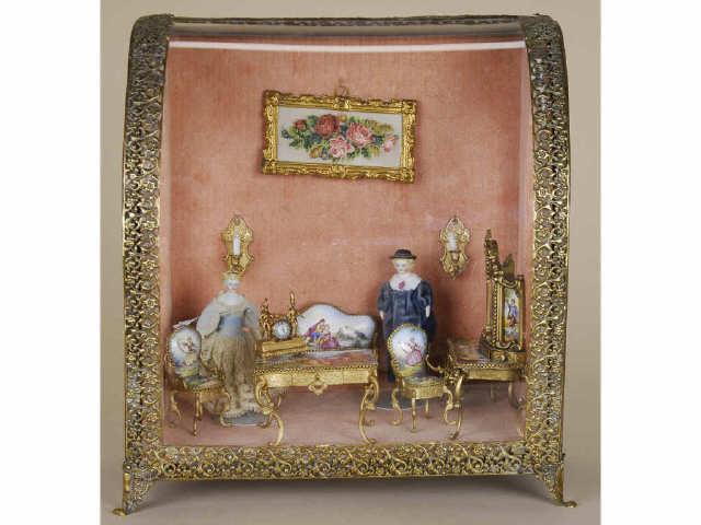 Appraisal: Room Box w Enamel Furniture Two Parian Dolls MN Austrian