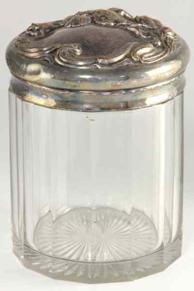 Appraisal: Art Nouveau Humidorfaceted cylindrical glass body with silverplate removable lid