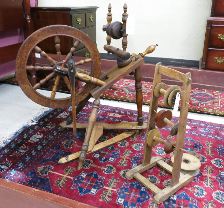 Appraisal: ANTIQUE SPINNING WHEEL AND SPOOL STAND American late th century