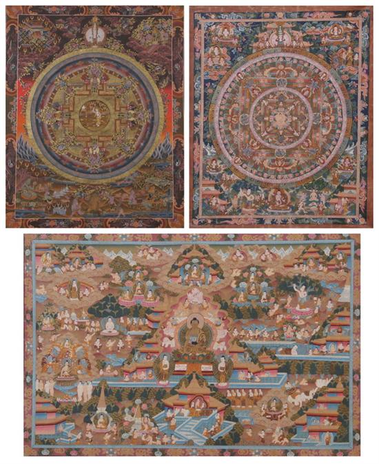 Appraisal: THREE TIBETAN THANKA th century Painted to depict the life