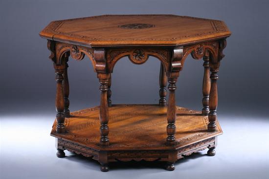 Appraisal: RENAISSANCE REVIVAL CARVED OAK OCTAGONAL CENTER TABLE th century Molded-edge