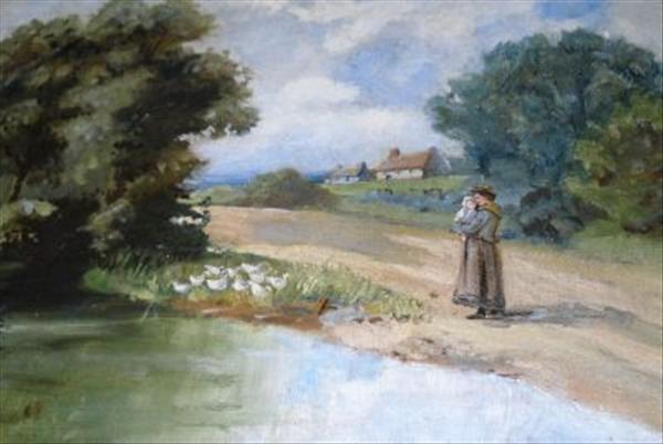 Appraisal: English school th century Girl with child at the duckpond