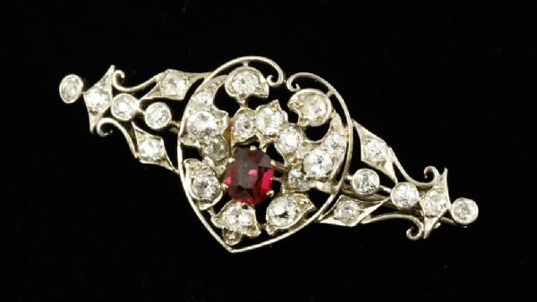 Appraisal: - Edwardian K Diamond and Ruby Brooch Edwardian K white