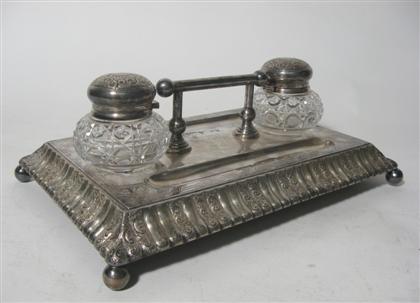 Appraisal: Louis XIV style Chelsea silver plate ink stand th century